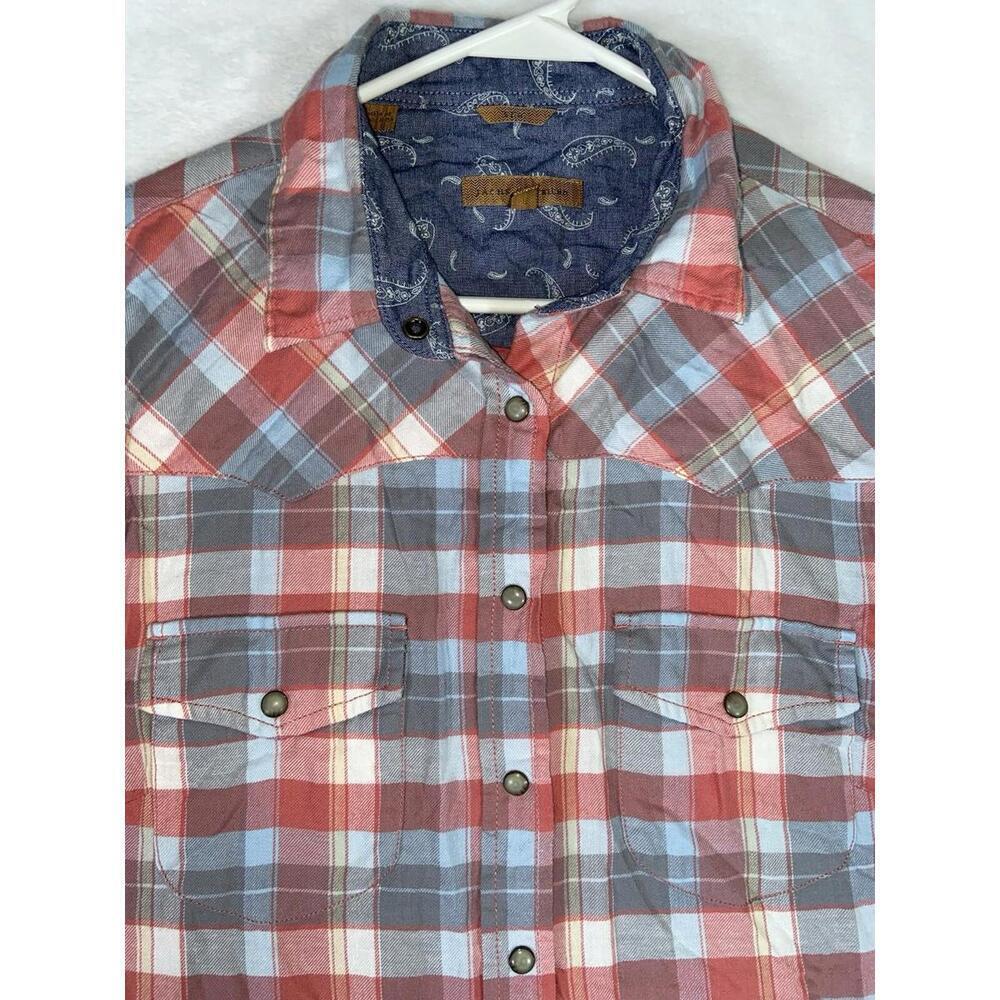 Bea Jachs Girlfriend Shirt Women Medium Red Flannel Plaid Western Pearl Snap EUC